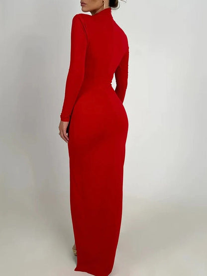 Mock Neck Long Sleeve Mesh Diagonal Cut Out High Split Bodycon Maxi Dress