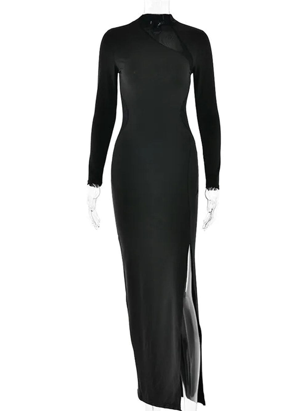 Mock Neck Long Sleeve Mesh Diagonal Cut Out High Split Bodycon Maxi Dress