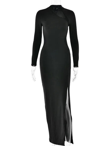 Mock Neck Long Sleeve Mesh Diagonal Cut Out High Split Bodycon Maxi Dress