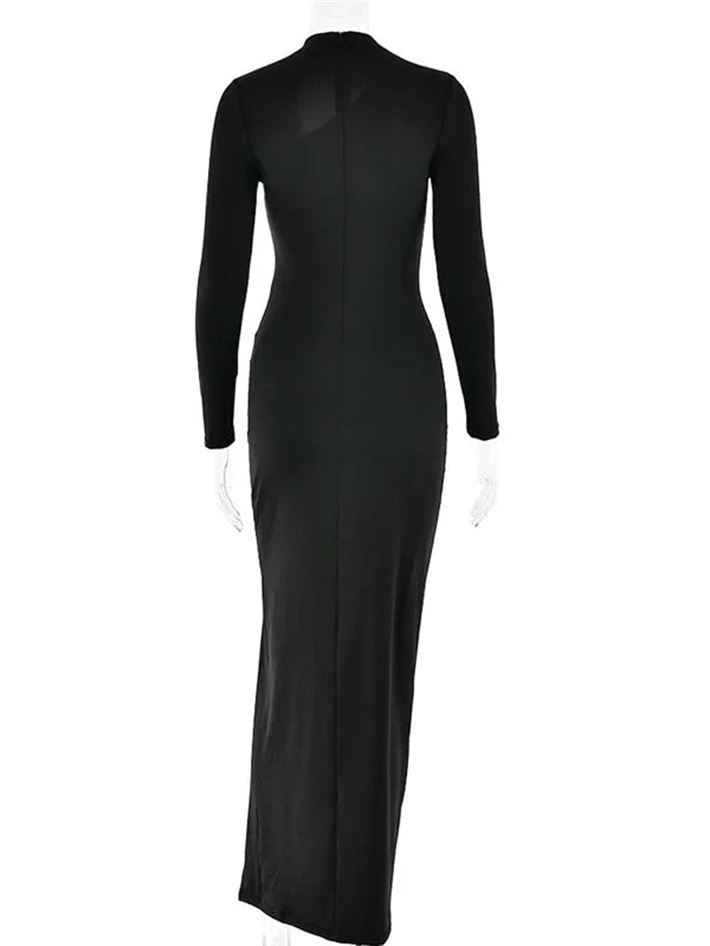 Mock Neck Long Sleeve Mesh Diagonal Cut Out High Split Bodycon Maxi Dress