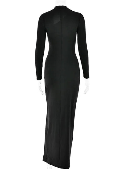 Mock Neck Long Sleeve Mesh Diagonal Cut Out High Split Bodycon Maxi Dress