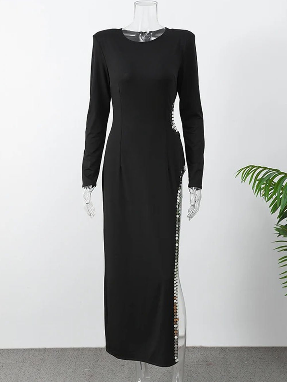 Black Structured Shoulder Long Sleeve Waist Cut Out Rhinestone Trim High Split Maxi Gown