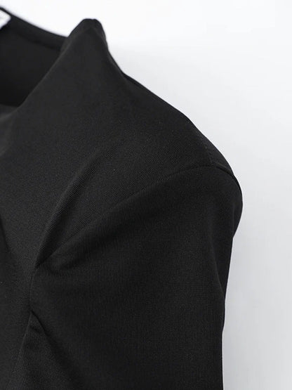 Black Structured Shoulder Long Sleeve Waist Cut Out Rhinestone Trim High Split Maxi Gown