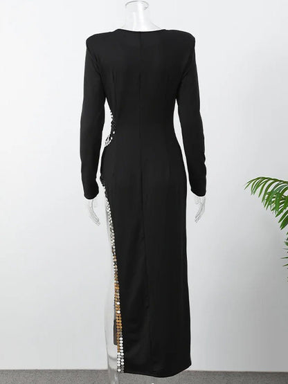 Black Structured Shoulder Long Sleeve Waist Cut Out Rhinestone Trim High Split Maxi Gown