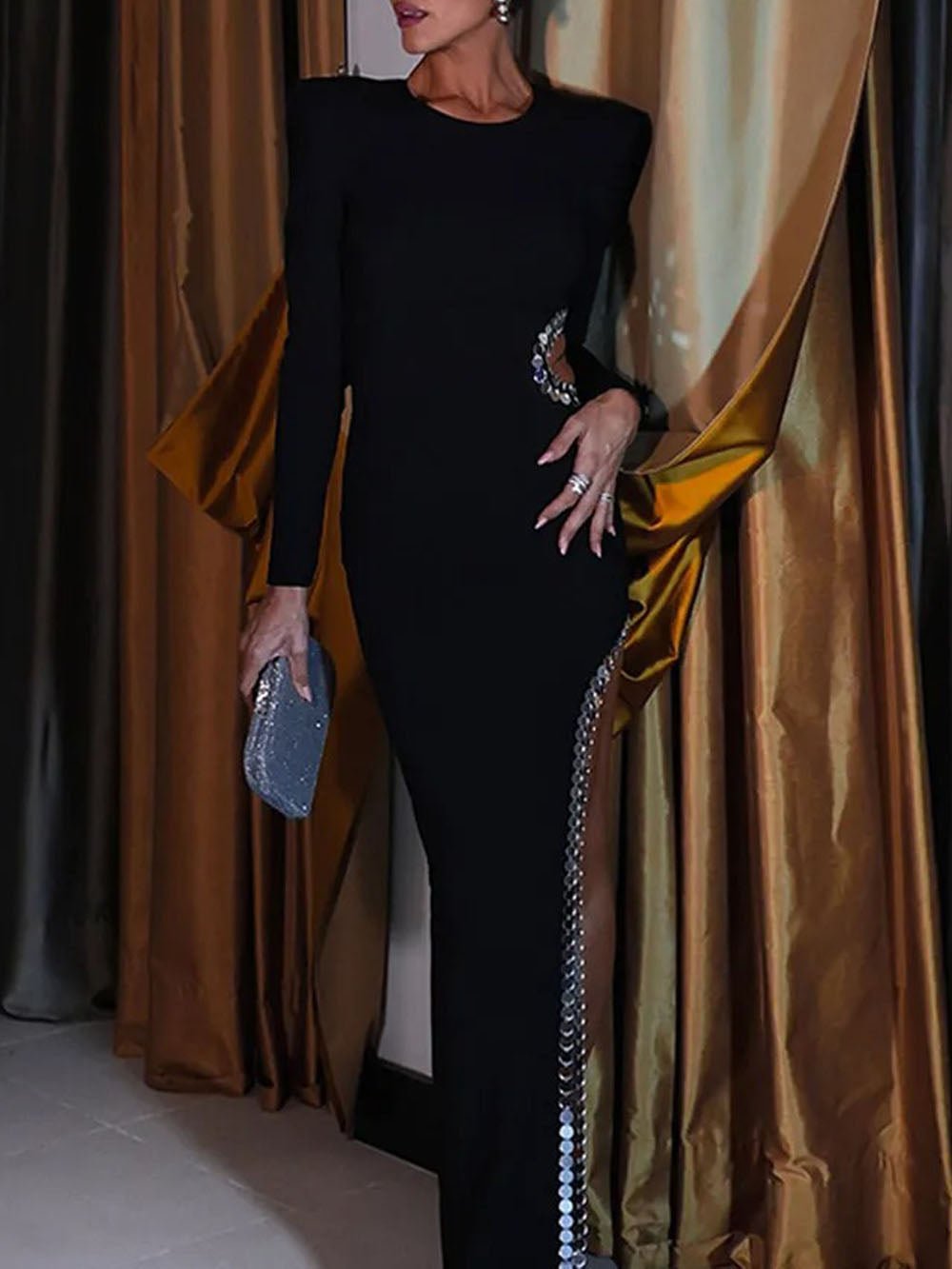 Black Structured Shoulder Long Sleeve Waist Cut Out Rhinestone Trim High Split Maxi Gown