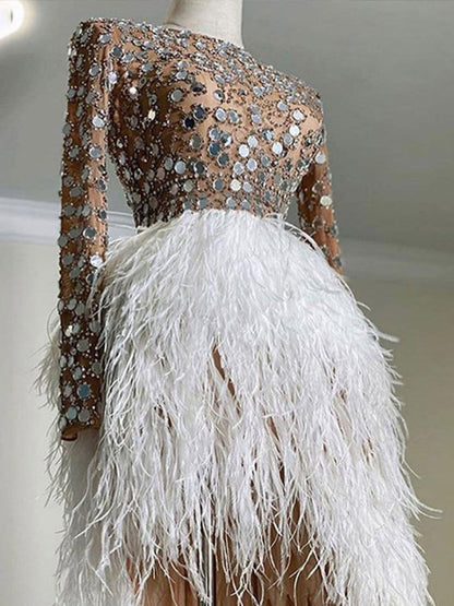 Silver Mirror Sequin Mock Neck Long Sleeve Feather Hem Asymmetric Mini Dress