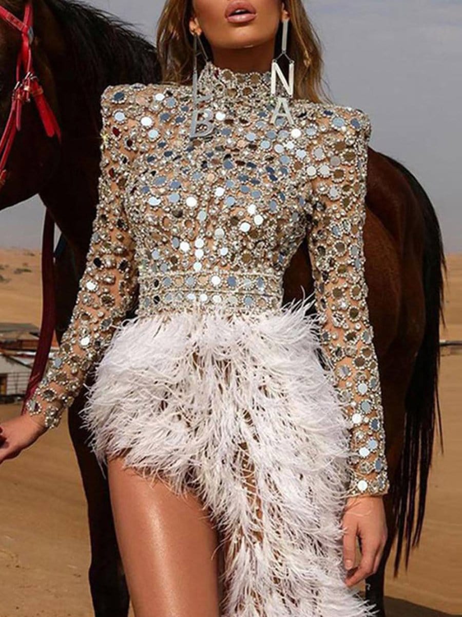 Silver Mirror Sequin Mock Neck Long Sleeve Feather Hem Asymmetric Mini Dress