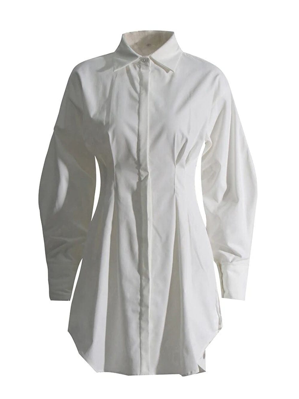 Puff Sleeve Pleated Waist Hidden Button Shirt Mini Dress