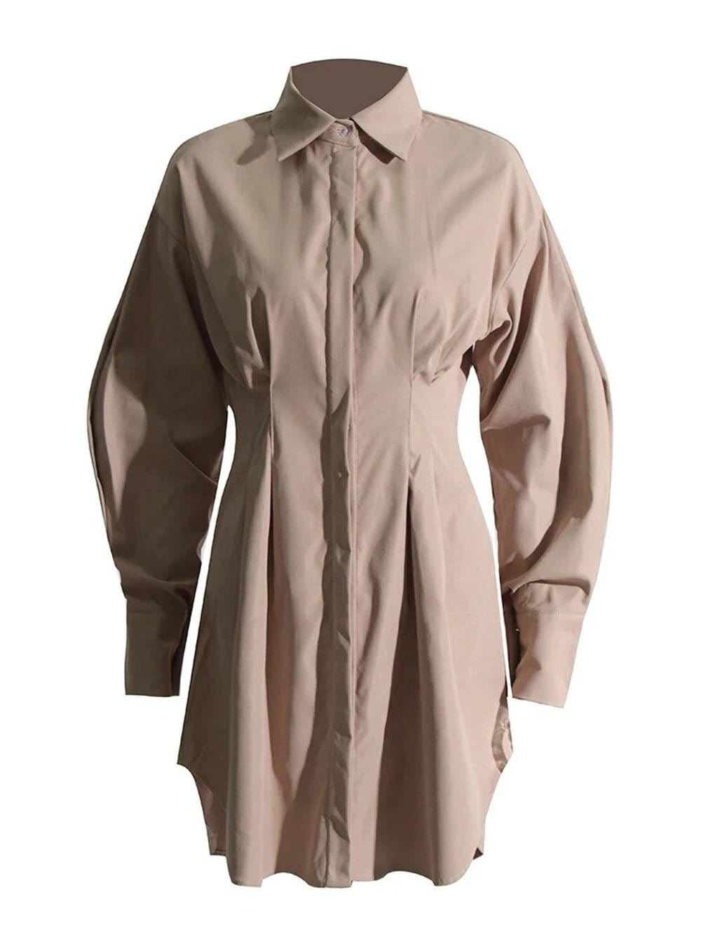 Puff Sleeve Pleated Waist Hidden Button Shirt Mini Dress