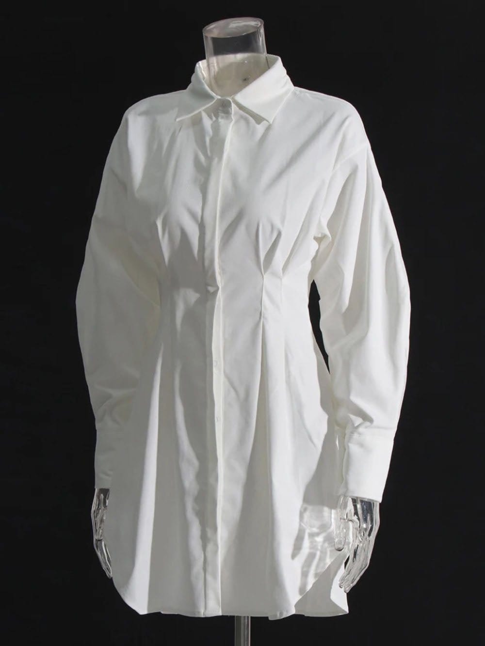 Puff Sleeve Pleated Waist Hidden Button Shirt Mini Dress