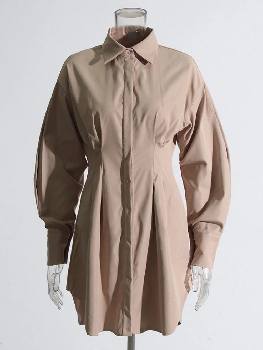 Puff Sleeve Pleated Waist Hidden Button Shirt Mini Dress