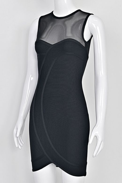 Classic Black Mesh Yoke Sweetheart Tulip Hem Bandage Mini Dress