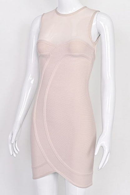 Nude Mesh Yoke Sweetheart Tulip Hem Bandage Mini Dress