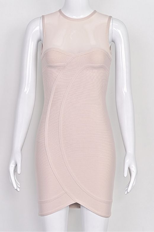 Nude Mesh Yoke Sweetheart Tulip Hem Bandage Mini Dress