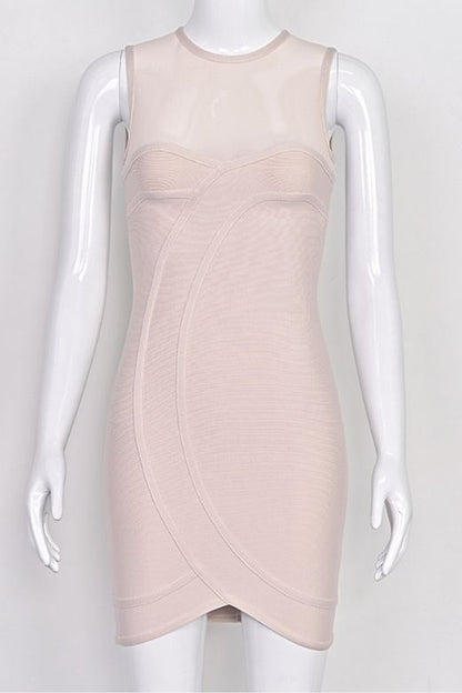 Nude Mesh Yoke Sweetheart Tulip Hem Bandage Mini Dress