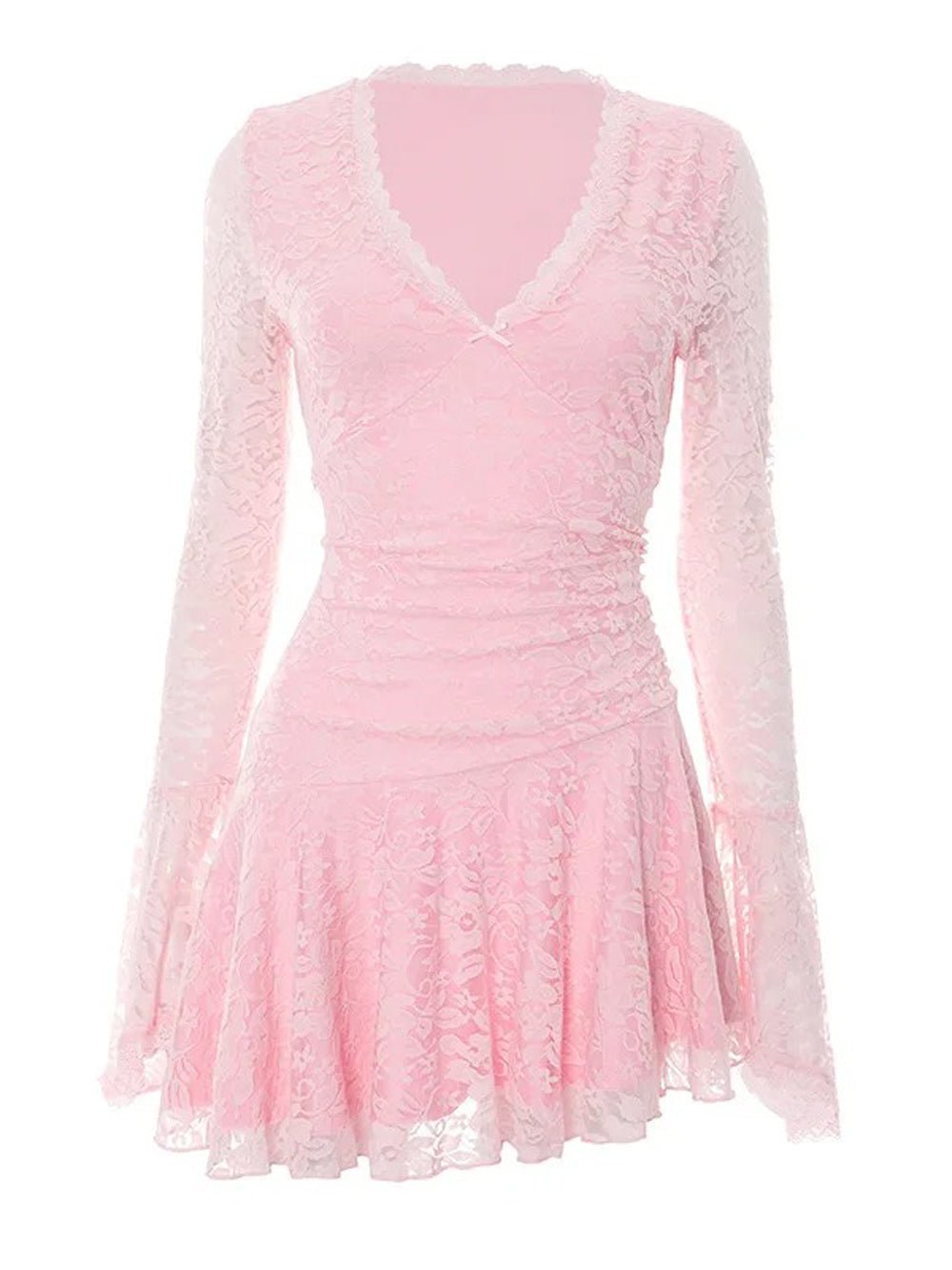 Lace Deep V-Neck Bell Sleeve Ruched Waist Fit and Flare Mini Dress