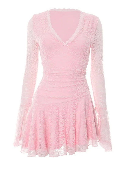 Lace Deep V-Neck Bell Sleeve Ruched Waist Fit and Flare Mini Dress