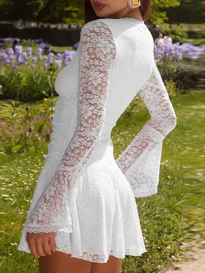 Lace Deep V-Neck Bell Sleeve Ruched Waist Fit and Flare Mini Dress
