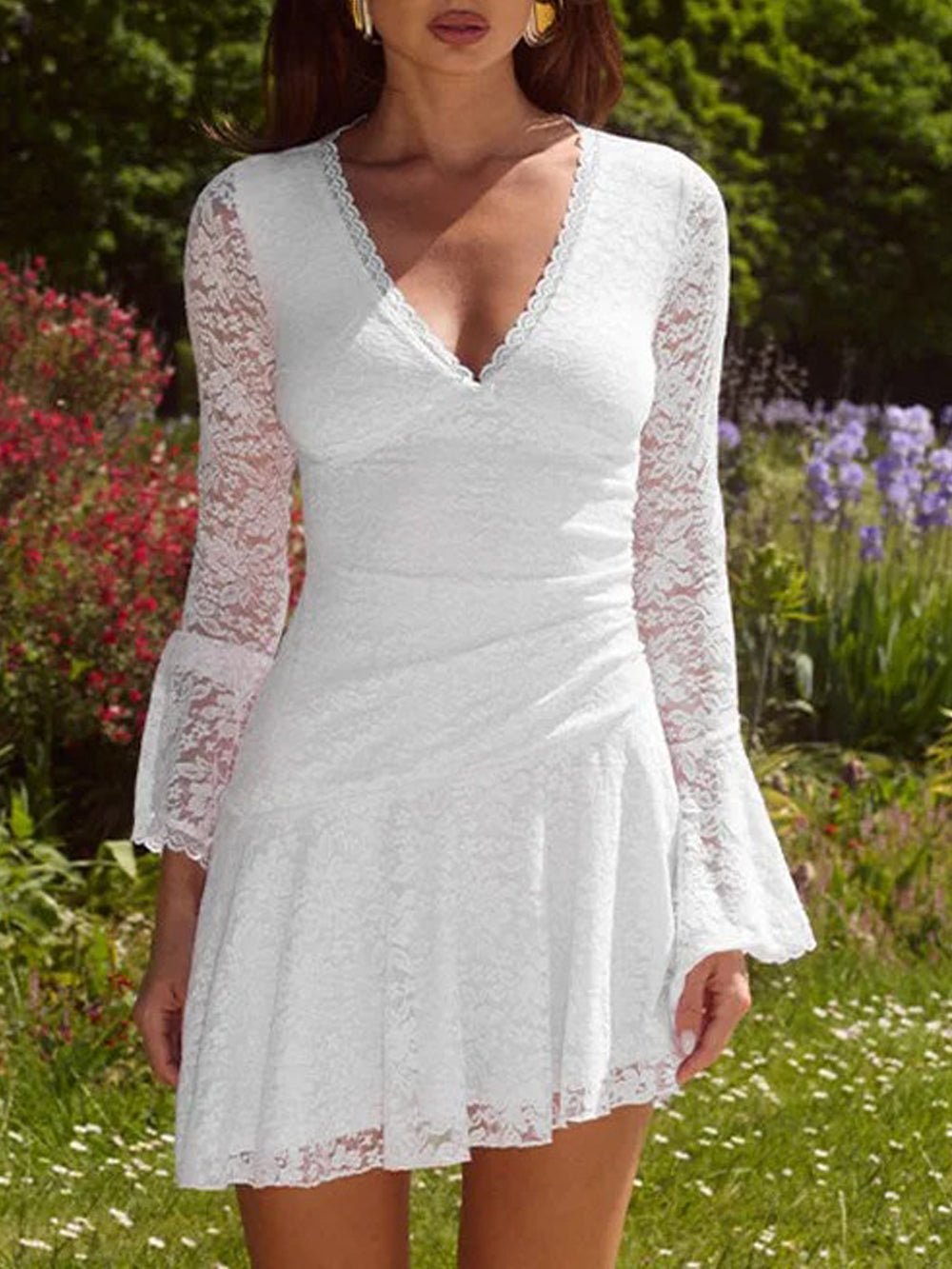 Lace Deep V-Neck Bell Sleeve Ruched Waist Fit and Flare Mini Dress