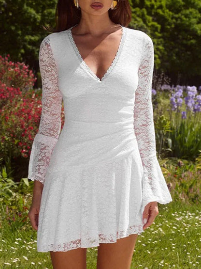 Lace Deep V-Neck Bell Sleeve Ruched Waist Fit and Flare Mini Dress