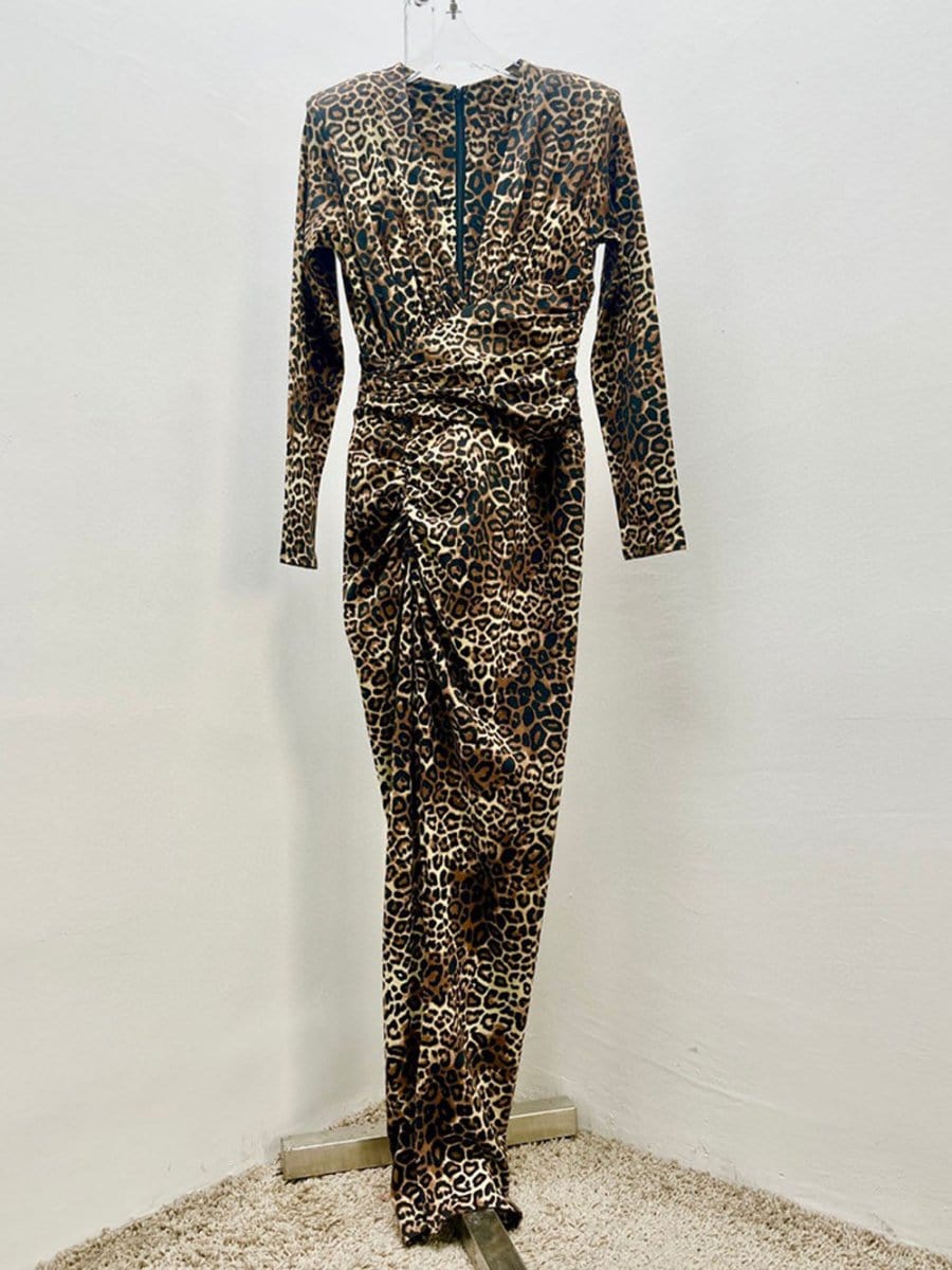 Leopard Print Deep V-Neck Long Sleeve Ruched Wrap Bodycon Maxi Dress