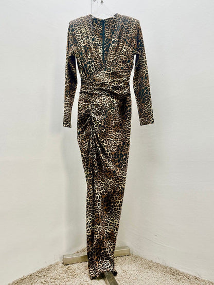 Leopard Print Deep V-Neck Long Sleeve Ruched Wrap Bodycon Maxi Dress