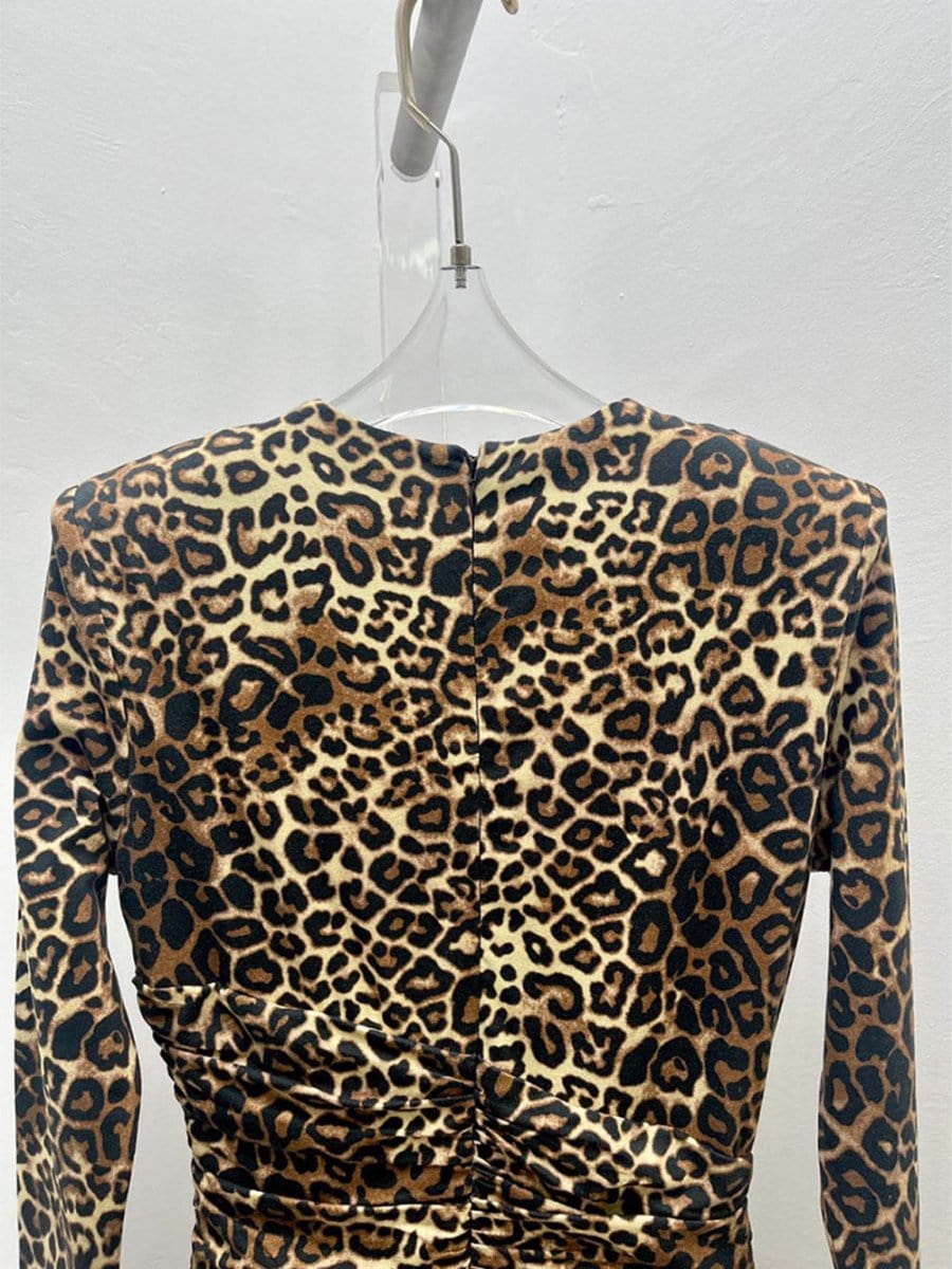Leopard Print Deep V-Neck Long Sleeve Ruched Wrap Bodycon Maxi Dress