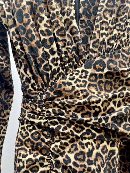 Leopard Print Deep V-Neck Long Sleeve Ruched Wrap Bodycon Maxi Dress