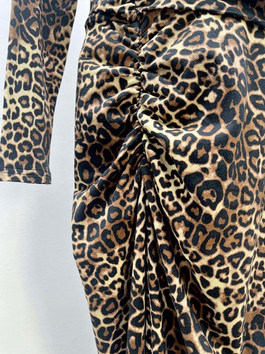 Leopard Print Deep V-Neck Long Sleeve Ruched Wrap Bodycon Maxi Dress
