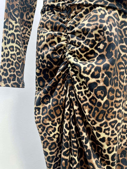 Leopard Print Deep V-Neck Long Sleeve Ruched Wrap Bodycon Maxi Dress