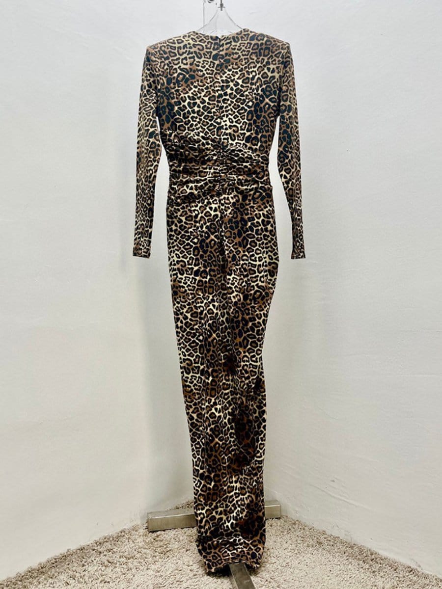 Leopard Print Deep V-Neck Long Sleeve Ruched Wrap Bodycon Maxi Dress
