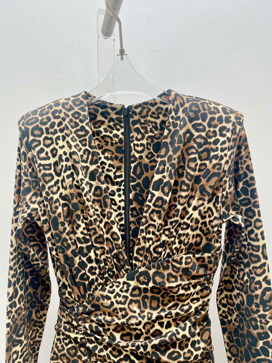 Leopard Print Deep V-Neck Long Sleeve Ruched Wrap Bodycon Maxi Dress