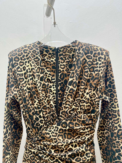 Leopard Print Deep V-Neck Long Sleeve Ruched Wrap Bodycon Maxi Dress