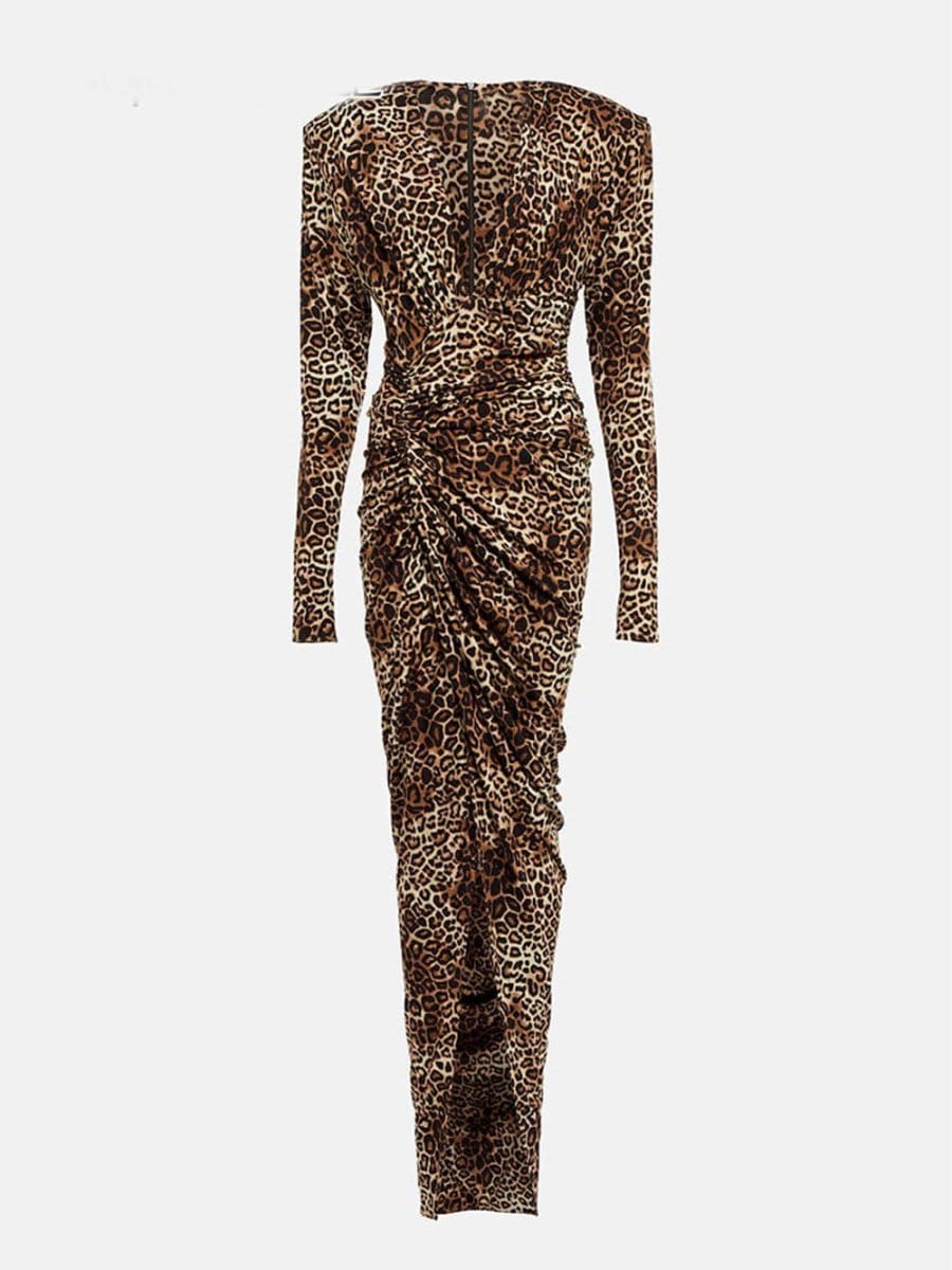 Leopard Print Deep V-Neck Long Sleeve Ruched Wrap Bodycon Maxi Dress