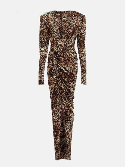 Leopard Print Deep V-Neck Long Sleeve Ruched Wrap Bodycon Maxi Dress