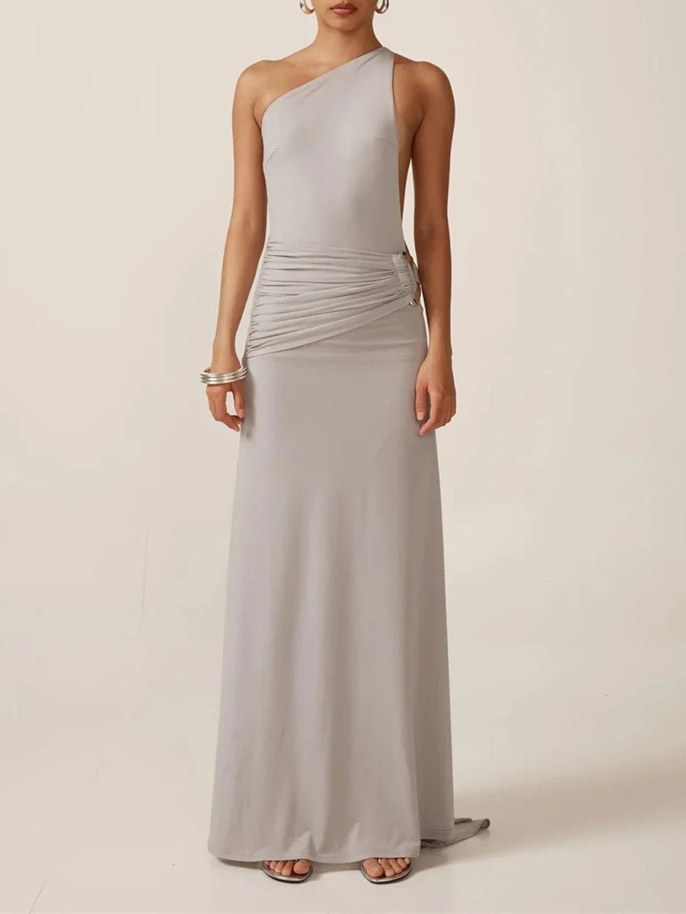 Gray One Shoulder Metal Buckle Hip Ruched Drape Backless Maxi Dress