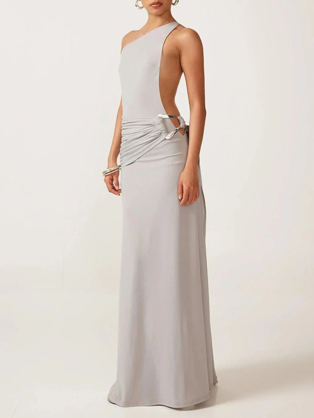 Gray One Shoulder Metal Buckle Hip Ruched Drape Backless Maxi Dress