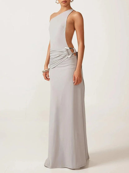 Gray One Shoulder Metal Buckle Hip Ruched Drape Backless Maxi Dress