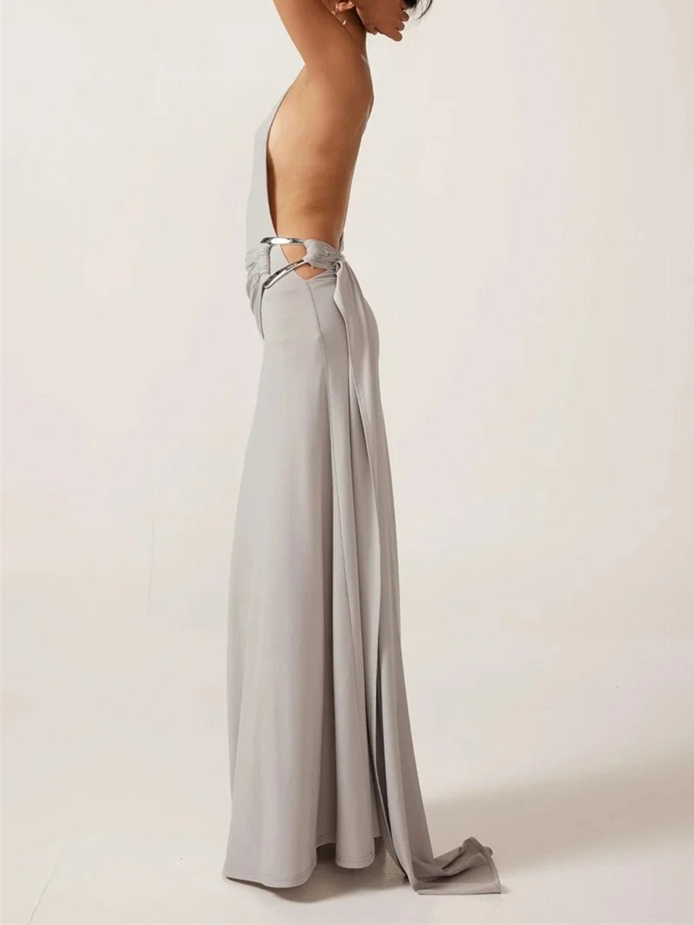 Gray One Shoulder Metal Buckle Hip Ruched Drape Backless Maxi Dress