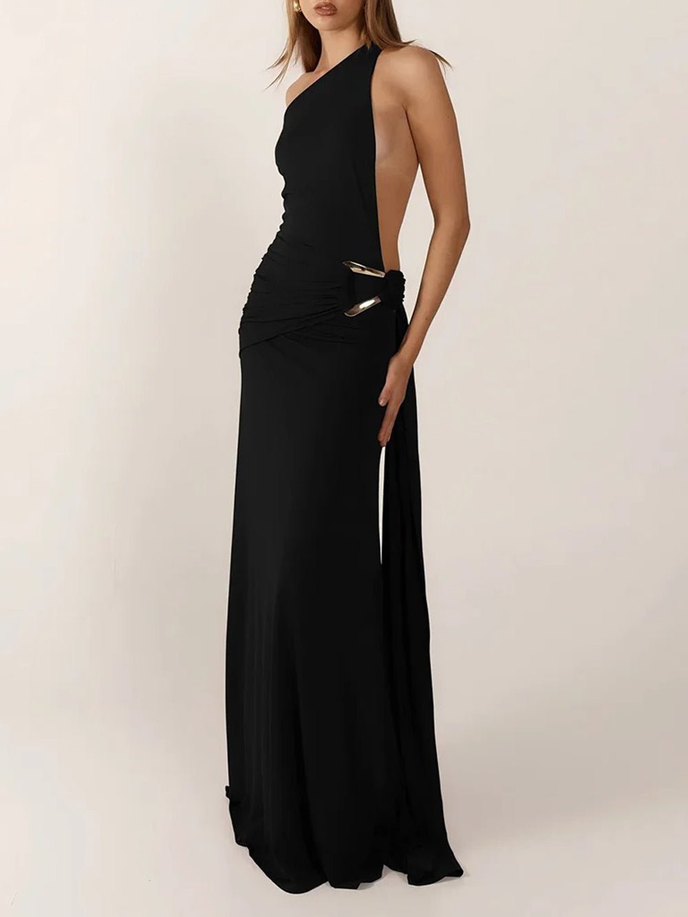 Black One Shoulder Metal Buckle Hip Ruched Drape Backless Maxi Dress