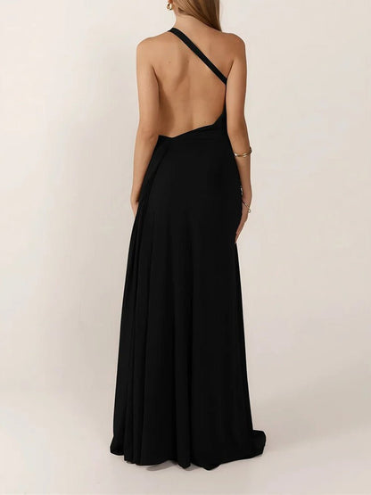 Black One Shoulder Metal Buckle Hip Ruched Drape Backless Maxi Dress