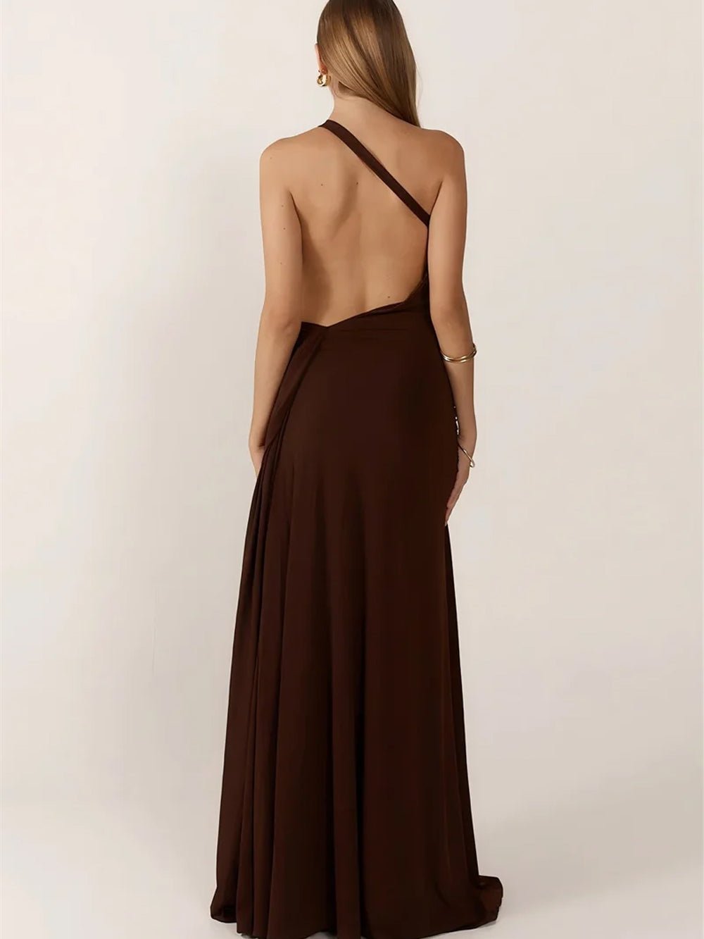 Brown One Shoulder Metal Buckle Hip Ruched Drape Backless Maxi Dress