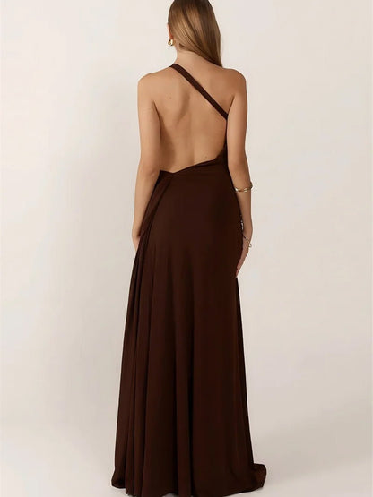 Brown One Shoulder Metal Buckle Hip Ruched Drape Backless Maxi Dress