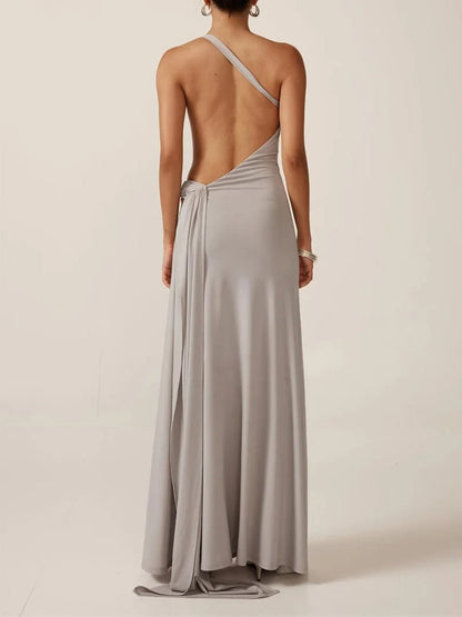Gray One Shoulder Metal Buckle Hip Ruched Drape Backless Maxi Dress