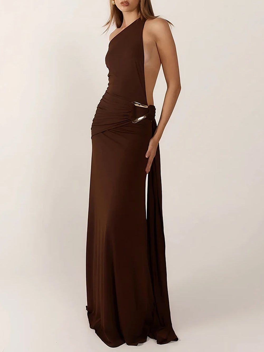Brown One Shoulder Metal Buckle Hip Ruched Drape Backless Maxi Dress