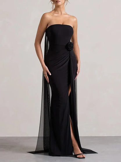 Strapless Rosette Waist Ruched Drape High Split Chiffon Cape Train Mermaid Maxi Gown