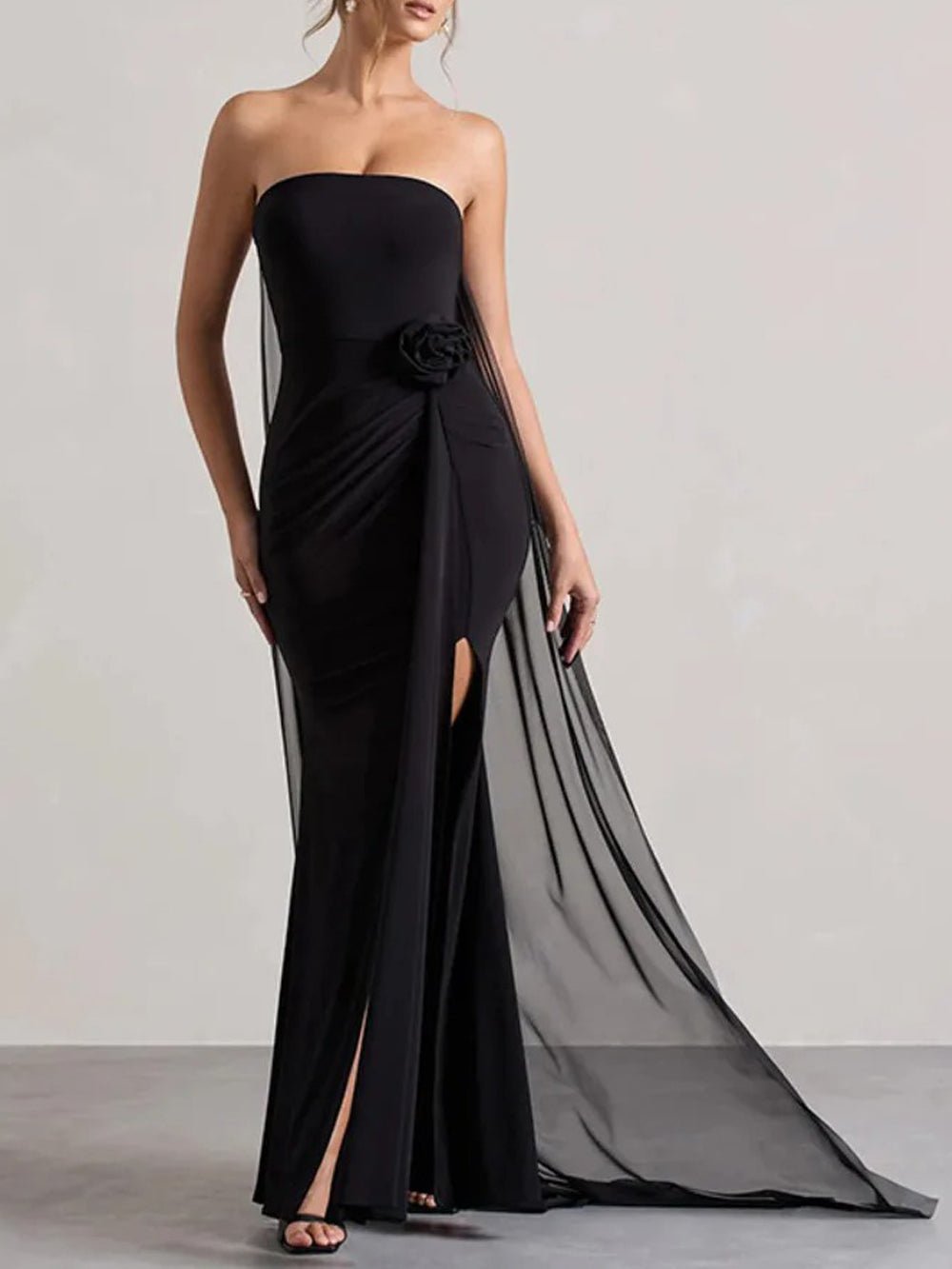 Strapless Rosette Waist Ruched Drape High Split Chiffon Cape Train Mermaid Maxi Gown