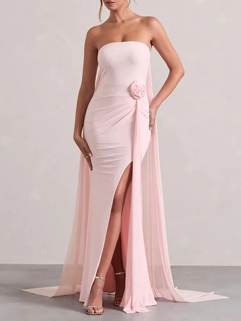 Strapless Rosette Waist Ruched Drape High Split Chiffon Cape Train Mermaid Maxi Gown