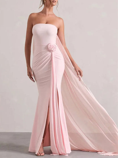 Strapless Rosette Waist Ruched Drape High Split Chiffon Cape Train Mermaid Maxi Gown