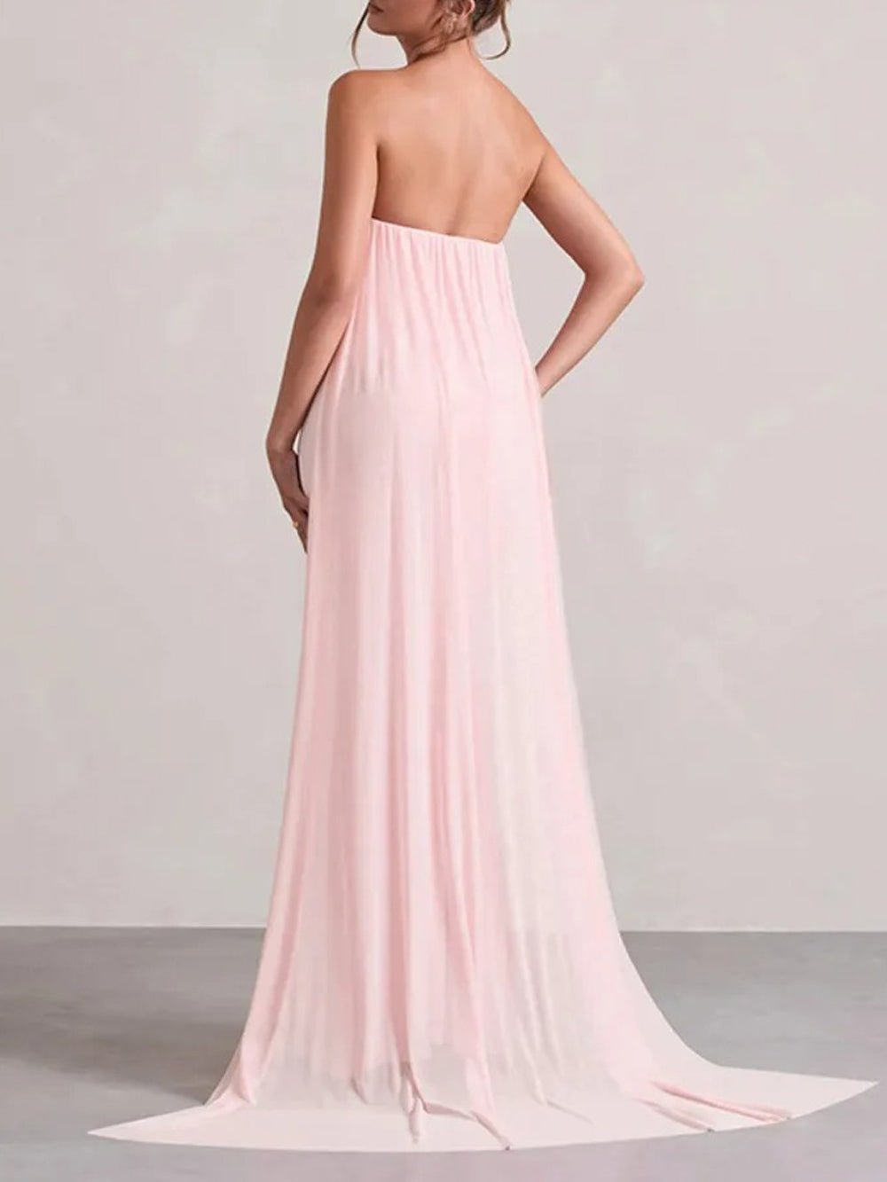 Strapless Rosette Waist Ruched Drape High Split Chiffon Cape Train Mermaid Maxi Gown